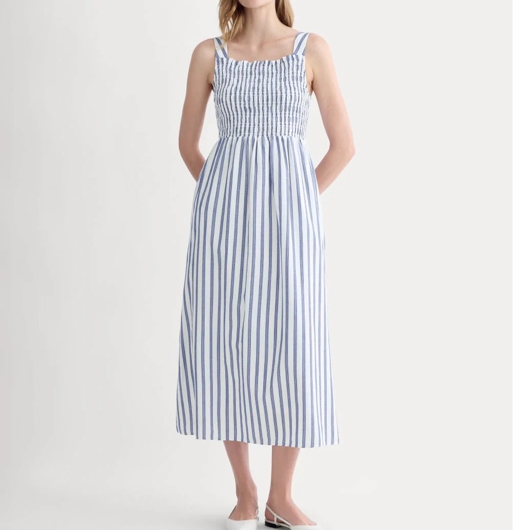 Everlane Women's The Cotton Gauze Smock Midi Dress White Blue Stripe Xxs Nwt